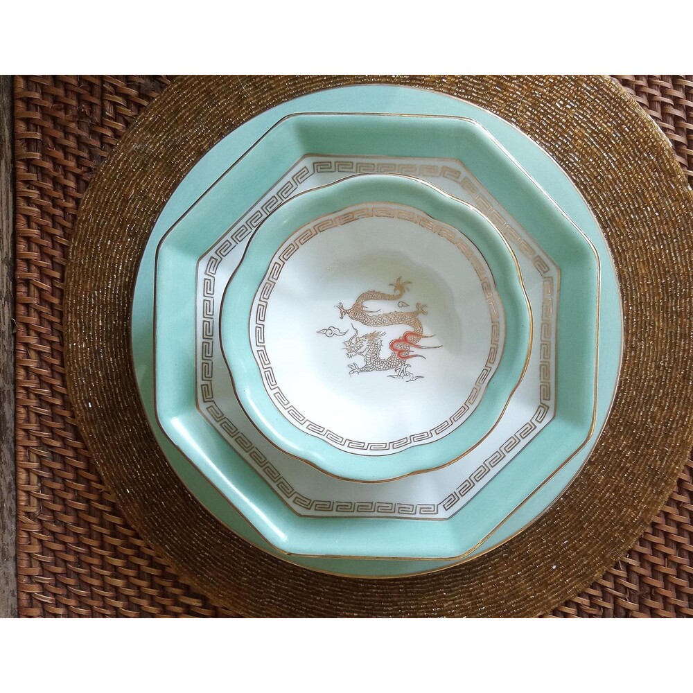 Vintage Dragon Plates, 4-piece Jyoto Japan Setting, Ceramic gold, turquoise, red